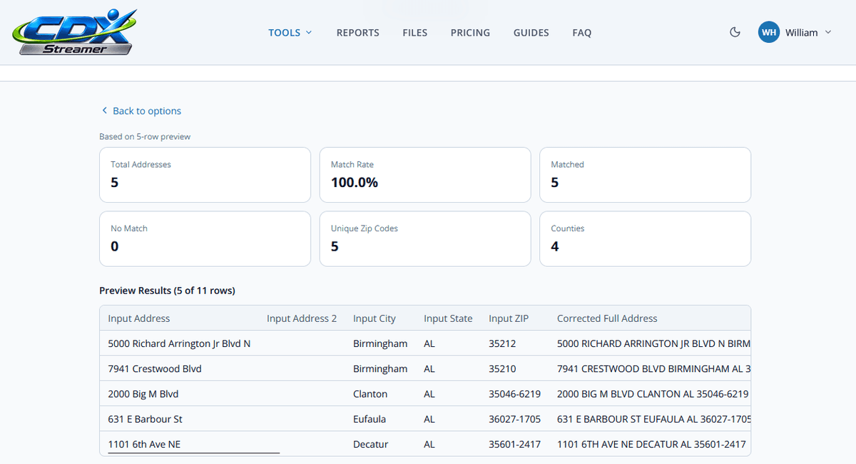 CDXStreamer address verification preview showing match rate, matched addresses, ZIP Codes, counties and corrected full addresses